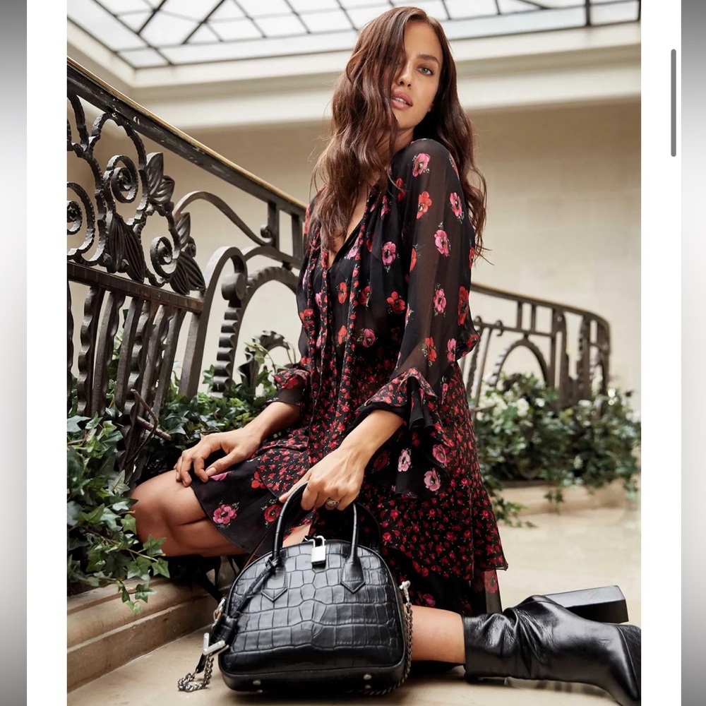 Floral Black and Red Women's Dress irina shayk campaign silk dress sheer
